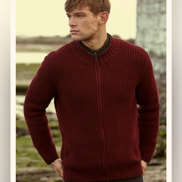 Aran sweater Men's Merino Wool Ribbed Cardigan size L claret - Picture 1 of 6